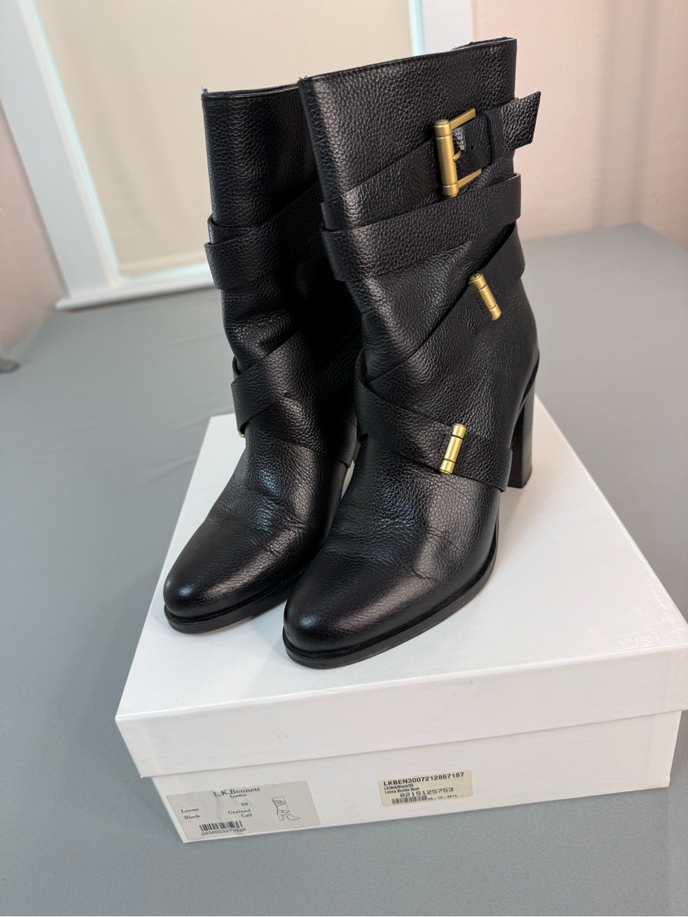 L.K. Bennett Leona Black Leather Heeled Boots Buckles Size 38 Italian Luxury